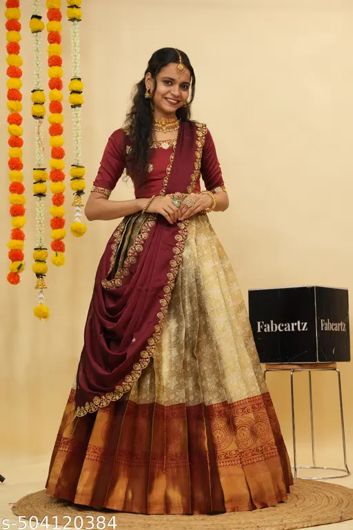 Beautiful Semistitch Half Saree with Woven Design & Rangoli Embroidery Dupatta For Women